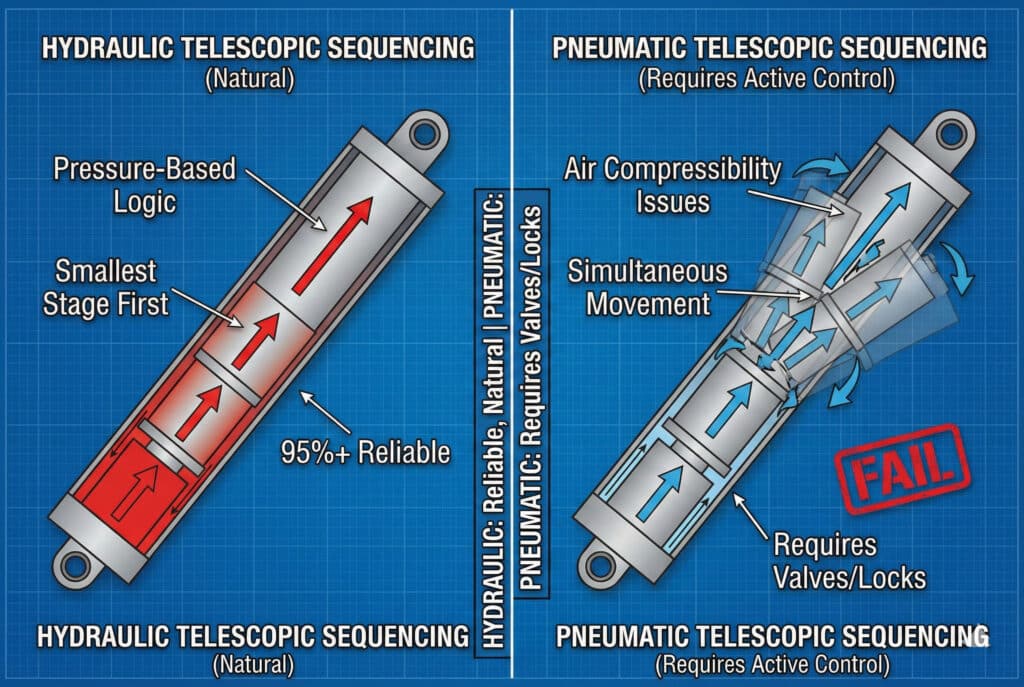 แผนภาพทางเทคนิคที่เปรียบเทียบ "การเรียงลำดับแบบไฮดรอลิกเทเลสโคปิก" และ "การเรียงลำดับแบบนิวแมติกเทเลสโคปิก" แผงด้านซ้ายแสดงกระบอกไฮดรอลิกหลายขั้นตอนพร้อมลูกศรสีแดงที่แสดงลำดับการปล่อย "ตรรกะตามแรงดัน," "ขั้นตอนที่เล็กที่สุดก่อน," และ "95%+ เชื่อถือได้" แผงด้านขวาแสดงกระบอกลมนิวแมติกที่คล้ายกัน โดยมีลูกศรสีน้ำเงินชี้ไปที่ปัญหา "การอัดตัวของอากาศที่ไม่เป็นระเบียบ" "การเคลื่อนไหวพร้อมกัน" และ "ต้องใช้วาล์ว/ล็อค" พร้อมตราประทับ "ล้มเหลว" สีแดง กล่องข้อความตรงกลางสรุปความแตกต่าง.