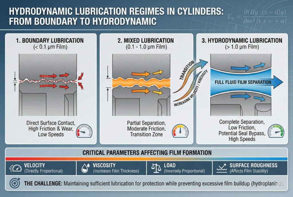 Infografika ar nosaukumu 'HIDRODINAMISKĀS SMĒRĒŠANAS REŽĪMI CILINDRIEM: NO ROBEŽAS LĪDZ HIDRODINAMIKAI'. Tajā ir trīs paneļi, kas ilustrē pāreju no '1. ROBEŽAS SMĒRĒŠANAS' ar tiešu virsmas kontaktu un augstu berzi, caur '2. JAUKTĀ SMĒRĒŠANAS' ar daļēju atdalīšanos, līdz '3. HIDRODINAMISKĀ SMĒRĒŠANA' ar pilnīgu šķidruma plēves atdalīšanos un zemu berzi. Bultas norāda uz pieaugošo ātrumu un viskozitāti kā šīs pārejas noteicošajiem faktoriem. Apakšējā daļā uzskaitīti 'KRITISKIE PARAMETRI, KURI IETEKMĒ PLĒVES VEIDOŠANOS': ātrums, viskozitāte, slodze un virsmas raupjums, uzsverot izaicinājumu sabalansēt smērēšanu, lai novērstu hidroplanēšanu. Fonā redzama daļa no Reinas vienādojuma.