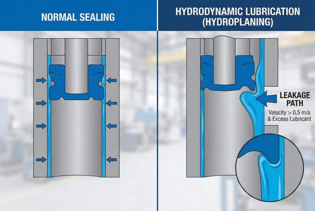 Dalīta paneļa tehniskā ilustrācija, kurā salīdzināta "normāla blīvējuma" un "hidrodinamiskā eļļošana (hidroplanēšana)" pneimatiskajā cilindrā. Kreisajā panelī redzams zils blīvējums, kas pilnībā saskaras ar cilindra sienu, ar bultiņām norādot spiedienu. Labajā panelī redzams blīvējums, kas pacelts no sienas ar biezu zila smērvielas slāni pie "ātruma > 0,5 m/s un liekas smērvielas", radot "noplūdes ceļu", kas norādīts ar bultiņu un palielinātu ieliktni.