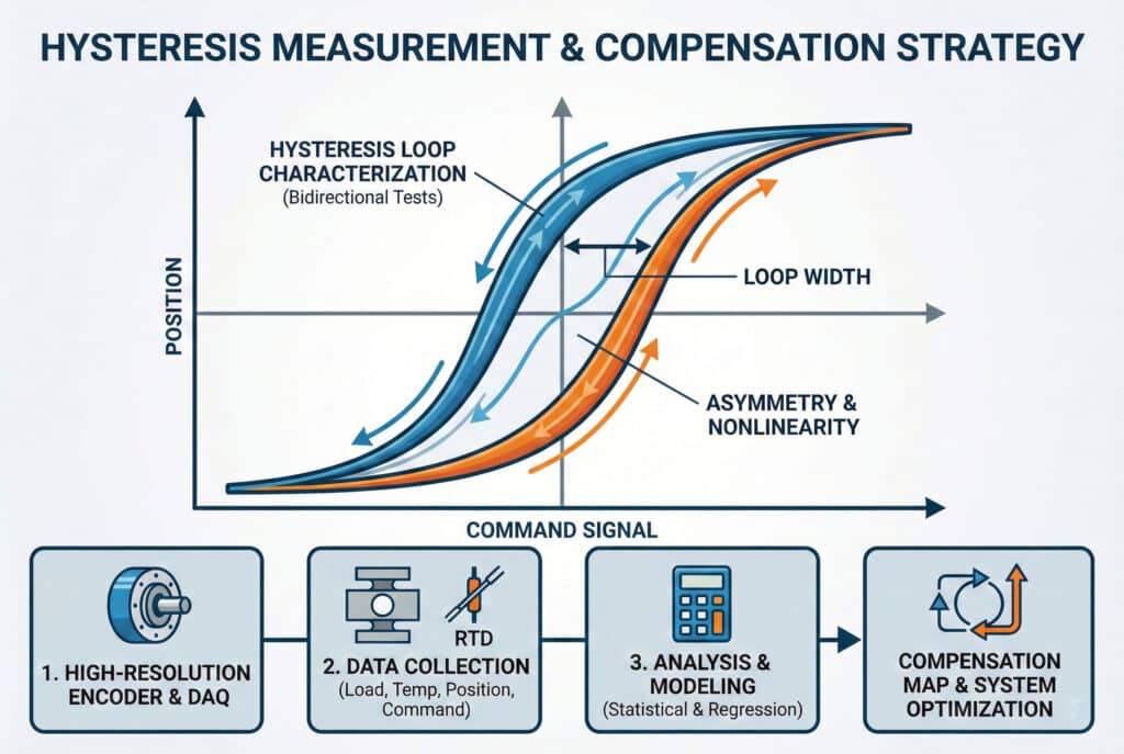 Tehnička infografika pod nazivom "Strategija mjerenja i kompenzacije histereze". U središnjem grafikonu prikazana je "Pozicija" nasuprot "Zapovjednom signalu", što ilustrira histereznu petlju s oznakama za "Širinu petlje" i "Asimetriju i nelinearnost" dobivenim iz "Dvosmjernih testova". Ispod grafikona, dijagram toka u četiri faze prikazuje proces: "1. Enkoder visoke rezolucije i DAQ", "2. Prikupljanje podataka (opterećenje, temperatura, položaj, zapovijed)", "3. Analiza i modeliranje (statistička i regresijska)", što vodi do "4. Mapa kompenzacije i optimizacija sustava".