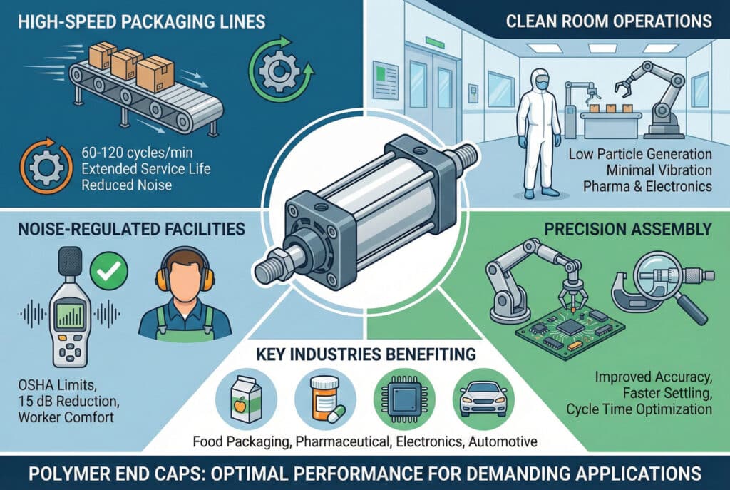 Tehnička infografika koja ističe optimalne primjene pneumatskih cilindara s polimernim krajnjim kapicama. Četiri panela ilustriraju prednosti za linije za pakovanje visokih brzina, operacije u čistim sobama, objekte s regulisanom razinom buke i precizno sklapanje, navodeći poboljšanja poput smanjene buke i vibracija. Donji dio sadrži popis ključnih industrija: pakovanje hrane, farmaceutska industrija, elektronika i automobilska industrija.