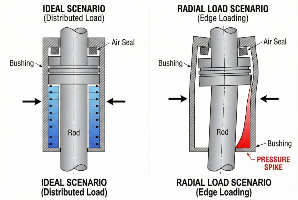 แผนภาพทางเทคนิคที่เปรียบเทียบ "สถานการณ์ในอุดมคติ" ซึ่งมีการกระจายน้ำหนักของแบริ่งอย่างทั่วถึง กับ "สถานการณ์น้ำหนักแบบรัศมี" ที่มีการรับน้ำหนักแบบกระจุกตัวที่ขอบ และมีการกระแทกของความดันที่เกิดบริเวณบูชของกระบอกสูบ.