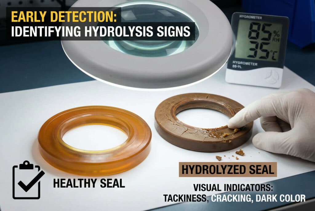 Usporedba vizualne inspekcije prikazuje glatku, prozirnu jantarno-žutu "Zdravu brtvu" pored napukle, neprozirne tamno smeđe i raspadajuće "Hidrolizirane brtve" pod povećalom. Rukavica dodiruje ljepljivu površinu oštećene brtve. Natpisi ukazuju na vizualne pokazatelje: ljepljivost, pucanje i tamnu boju, dok higrometar u pozadini pokazuje vlažnost od 85% i temperaturu od 35 °C.