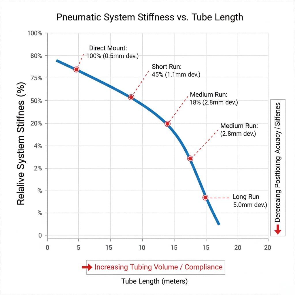גרף קווי שכותרתו "קשיחות מערכת פנאומטית לעומת אורך הצינור" המציג את הקשיחות היחסית של המערכת (%) על ציר ה-Y ואת אורך הצינור (מטרים) על ציר ה-X. הקו הכחול ממחיש ירידה חדה בקשיחות עם עליית אורך הצינור, כאשר נקודות ספציפיות מדגישות תצורות כגון "התקנה ישירה" (קשיחות 100%, סטייה של 0.5 מ"מ), "ריצה קצרה" (קשיחות 45%, סטייה של 1.1 מ"מ) "Medium Run" (קשיחות 18%, סטייה 2.8 מ"מ) ו-"Long Run" (קשיחות 10%, סטייה 5.0 מ"מ). חץ על ציר ה-x מציין "עלייה בנפח הצינור/בגמישות", וחץ אדום מימין מציין "ירידה בדיוק המיקום/בקשיחות"."