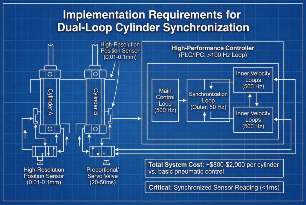 Tehnički nacrt koji detaljno prikazuje hardverske i softverske zahtjeve za sinhronizaciju pneumatskog cilindra s dvostrukom petljom. Prikazuje dva cilindra opremljena senzorima položaja visoke rezolucije (0,01–0,1 mm) i proporcionalnim/servo ventilima, povezana s kontrolerom visokih performansi (PLC/IPC) koji pokreće ugniježđene kontrolne petlje: vanjsku sinhronizacijsku petlju od 50 Hz i unutarnje petlje brzine od 500 Hz. Napomene ističu dodatne troškove sistema i kritični zahtjev za sinhronizovano očitavanje senzora unutar 1 ms.