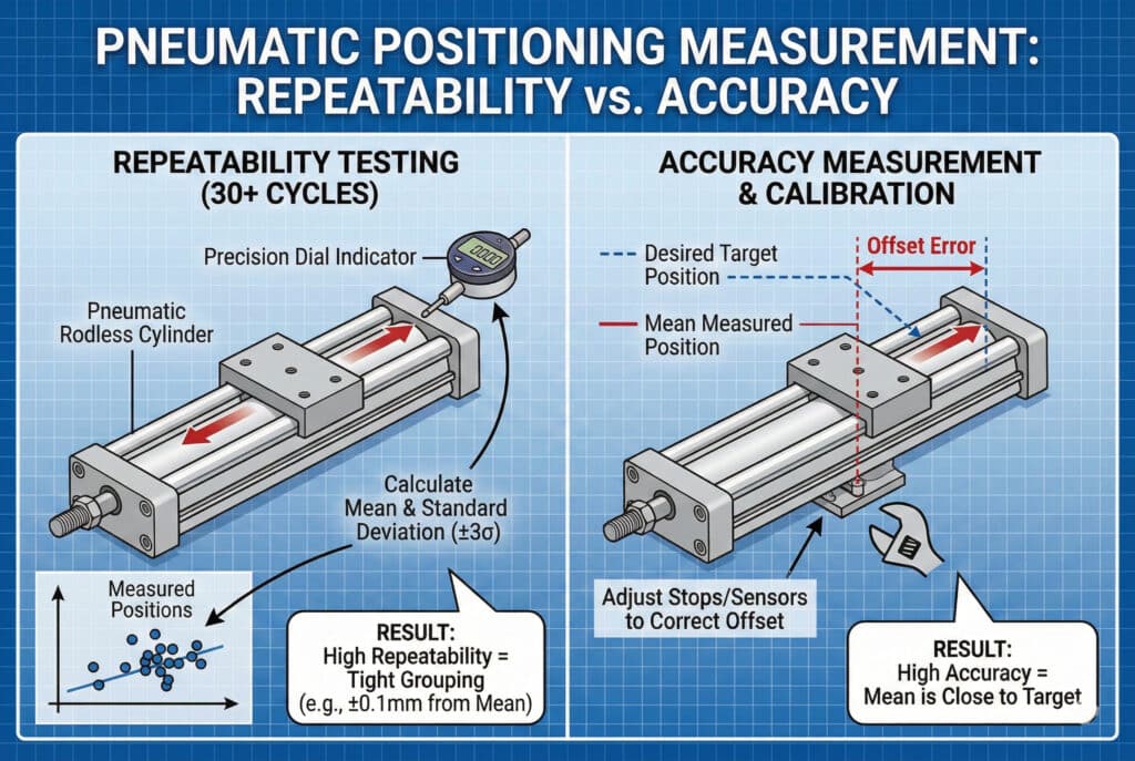 Tehnička infografika pod naslovom "PNEUMATSKO MJERENJE POZICIJE: POVRATLJIVOST PROTIV TAČNOSTI" na pozadini tehničkog crteža. Lijeva ploča, "ISPITIVANJE POVRATLJIVOSTI", prikazuje pneumatski cilindar bez klipa sa brojčanikom koji mjeri krajnje položaje tokom više od 30 ciklusa, proračunavajući aritmetičku sredinu i standardnu devijaciju, uz grafikon koji prikazuje usko grupisanje tačaka podataka za visoku povratljivost. Desni panel, "MJERENJE TAČNOSTI I KALIBRACIJA", prikazuje isti cilindar s crvenom "Greškom pomaka" između "Prosječne izmjerene pozicije" i "Poželjne ciljane pozicije", ilustrujući kako podešavanje zaustavljanja ili senzora ispravlja pomak kako bi se postigla visoka tačnost.