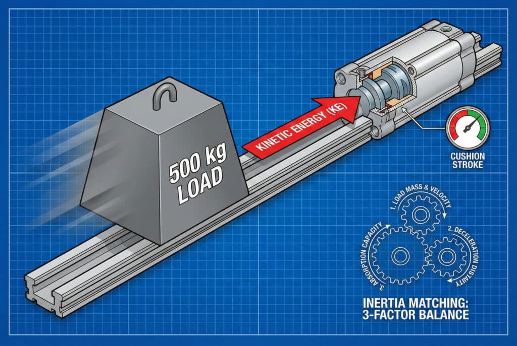 Tehnička ilustracija na plavoj pozadini prikazuje teret od 500 kg koji se kreće po šini prema cilindru bez klipa. Crvena strelica s natpisom "KINETIČKA ENERGIJA (KE)" označava energiju tereta. Prikaz presjeka cilindra pokazuje unutrašnji mehanizam za prigušivanje, s mjeračem označenim "HOD PRIGUŠIVANJA". Diagram zupčanika s natpisom "PODUDARNOST INERTNOSTI: 3-FAKTORSKA RAVNOTEŽA" ističe "1. MASU OPTERETENJA I BRZINU", "2. UDALJENOST ZA USPORAVANJE" i "3. KAPACITET APSORPCIJE"."