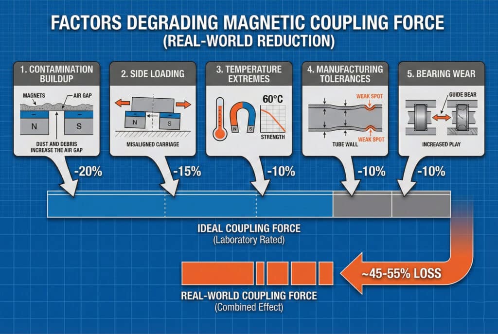 אינפוגרפיקה הממחישה חמישה גורמים הפוגעים בכוח הצימוד המגנטי בצילינדרים ללא מוט, ומציגה הפחתה מצטברת של כ-45-55% בעולם האמיתי. חמשת הגורמים הם: (1) הצטברות זיהום (-20%), (2) עומס צדדי (-15%), (3) טמפרטורות קיצוניות (-10%), (4) סטיות ייצור (-10%) ו-(5) בלאי מיסבים (-10%). כל גורם מיוצג באופן חזותי באמצעות תרשים ואחוז אובדן, התורמים להפחתה משמעותית ב"כוח הצימוד בפועל" בהשוואה ל"כוח הצימוד האידיאלי"."