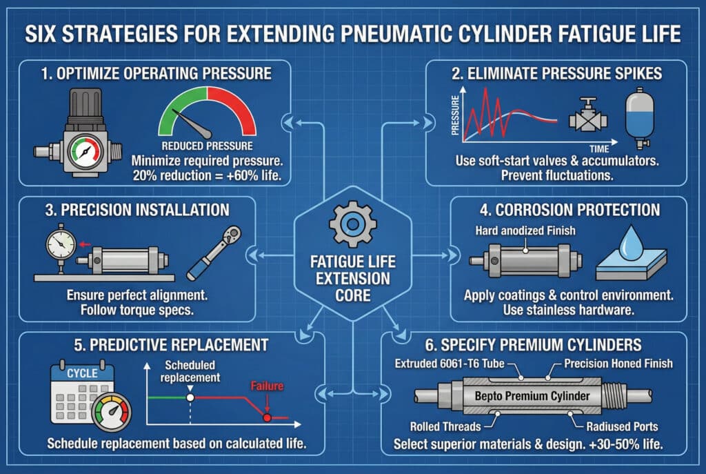 אינפוגרפיקה מקיפה שכותרתה "שש אסטרטגיות להארכת חיי השחיקה של צילינדרים פנאומטיים". שישה לוחות יוצאים ממרכז "ליבת הארכת חיי השחיקה". לוח 1, "אופטימיזציה של לחץ ההפעלה", מציג ווסת לחץ ומד לחץ הממחישים את הפחתת הלחץ לצורך הארכת חיי השחיקה. לוח 2, "ביטול עליות לחץ", מציג גרף לחץ-זמן עם עקומה מוחלקת באמצעות שסתומים ומצברים להפעלה רכה. לוח 3, "התקנה מדויקת", מתאר כלי יישור ומומנט. לוח 4, "הגנה מפני קורוזיה", מציג אנודייזציה וציפויים קשים. לוח 5, "החלפה מונעת", ממחיש החלפה מתוכננת לפני תקלה על ציר זמן. לוח 6, "ציין צילינדרים פרימיום", מדגיש תכונות של צילינדר פרימיום Bepto כגון חומר מובלט, גימור מחודד והברגות מגולגלות.