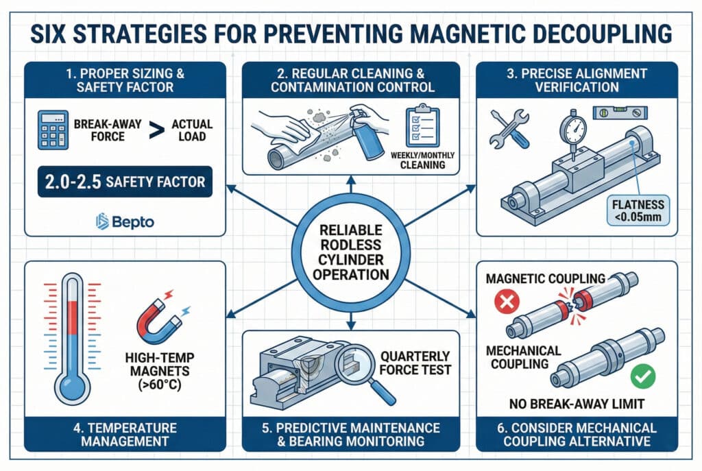 אינפוגרפיקה שכותרתה "שש אסטרטגיות למניעת ניתוק מגנטי" מפרטת שיטות להפעלה אמינה של צילינדרים ללא מוטות. ששת הפאנלים הם: 1. מידות נכונות וגורם בטיחות (עם גורם 2.0-2.5); 2. ניקוי קבוע ובקרת זיהום (לוח זמנים שבועי/חודשי); 3. אימות יישור מדויק (שטוחות 60°C); 5. תחזוקה חזויה וניטור מיסבים (בדיקת כוח רבעונית); ו-6. שקול חלופה לצימוד מכני (ללא מגבלת ניתוק). מרכז מרכזי שכותרתו "פעולה אמינה של צילינדר ללא מוט" מחבר בין האסטרטגיות.