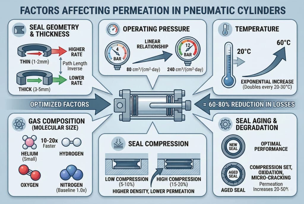 Detaljni infografik prikazuje šest ključnih faktora koji utiču na brzinu permeacije gasa u pneumatskim cilindarima. Okolo centralnog dijagrama cilindra nalaze se paneli koji pokazuju kako geometrija brtve (debljina), radni pritisak (linearno povećanje), temperatura (eksponencijalno povećanje), sastav gasa (veličina molekula), procenat kompresije brtve i degradacija brtve usljed starenja utiču na permeaciju. Istaknuta strelica ukazuje da optimizacija ovih faktora dovodi do smanjenja gubitaka za 60-80%.
