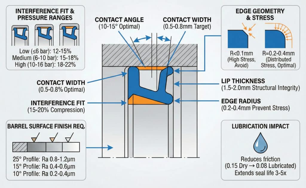 Detaljna tehnička infografika koja ilustrira ključne geometrijske i materijalne parametre za optimizaciju profila usne pneumatskog brtve. Centralni dijagram poprečnog presjeka ističe optimalne raspone za ugao kontakta (10-15°), širinu kontakta (0,5-0,8 mm), debljinu usne (1,5-2,0 mm), radijus ivice (0,2-0,4 mm) i interferencijsko prianjanje (15-20%). Okružni paneli detaljno prikazuju specifične procente interferencijskog pristajanja za različite raspone pritisaka, važnost zaobljavanja ivica radi sprječavanja naprezanja, potrebne završne obrade površine cijevi (Ra 0,2-0,4 μm za profile s niskim trenjem) i prednosti podmazivanja u smanjenju trenja i produženju vijeka trajanja brtve.
