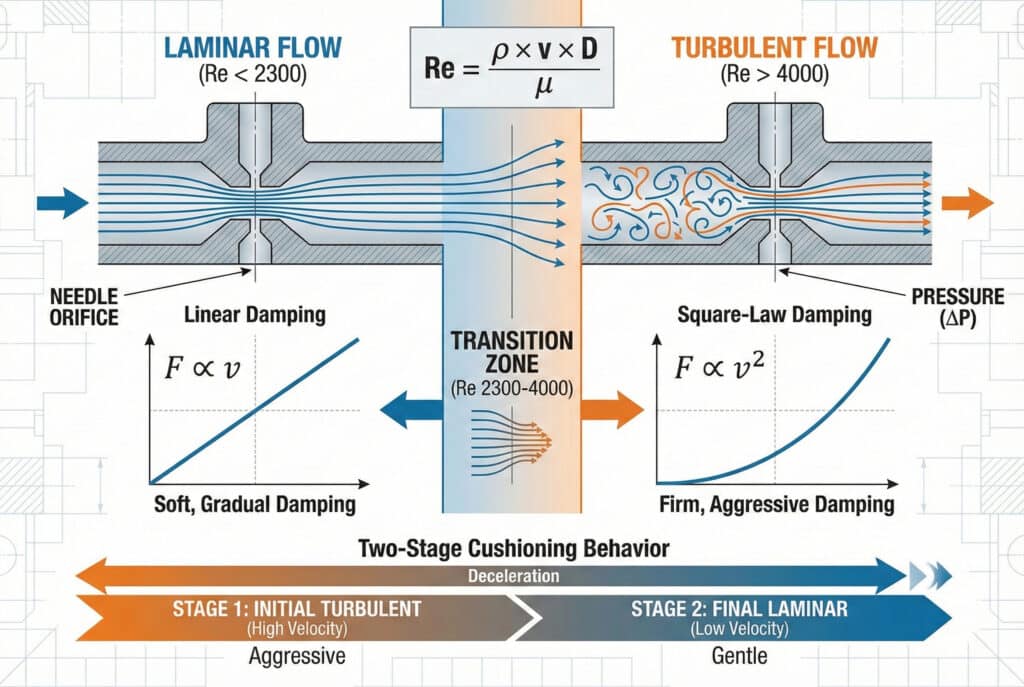 Tehnički dijagram koji uspoređuje laminarni i turbulentni protok kroz pneumatski igleni otvor, ilustrirajući kako režim protoka utječe na karakteristike prigušivanja i objašnjavajući dvofazno prigušujuće ponašanje od početnog agresivnog turbulentnog protoka do konačnog nježnog laminarnog protoka.