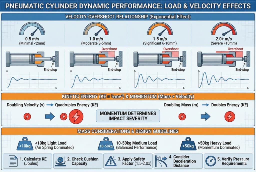 Tehnička infografika pod naslovom "DINAMIČKE PERFORMANSE PNEUMATSKOG CILINDRA: UTJECAJI OPTEREĆENJA I BRZINE". Gornji odjeljak ilustrira "ODNOS PREKOBRZINE (eksponencijalni učinak)", pokazujući da povećanje brzine s 0,5 m/s na 2,0+ m/s dovodi do sve ozbiljnijeg prekomjernog hoda. Srednji odjeljak objašnjava "KINETIČKU ENERGIJU (KE = ½mv²) I IMPULS", ističući da udvostručenje brzine četverostruko povećava kinetičku energiju. Donji odjeljak detaljno obrađuje "RAZMATRANJA MASENIH KARAKTERISTIKA I SMJERNICE ZA DIZAJN", klasificirajući opterećenja kao laka, srednja i teška, te navodeći pet praktičnih koraka za dizajn.