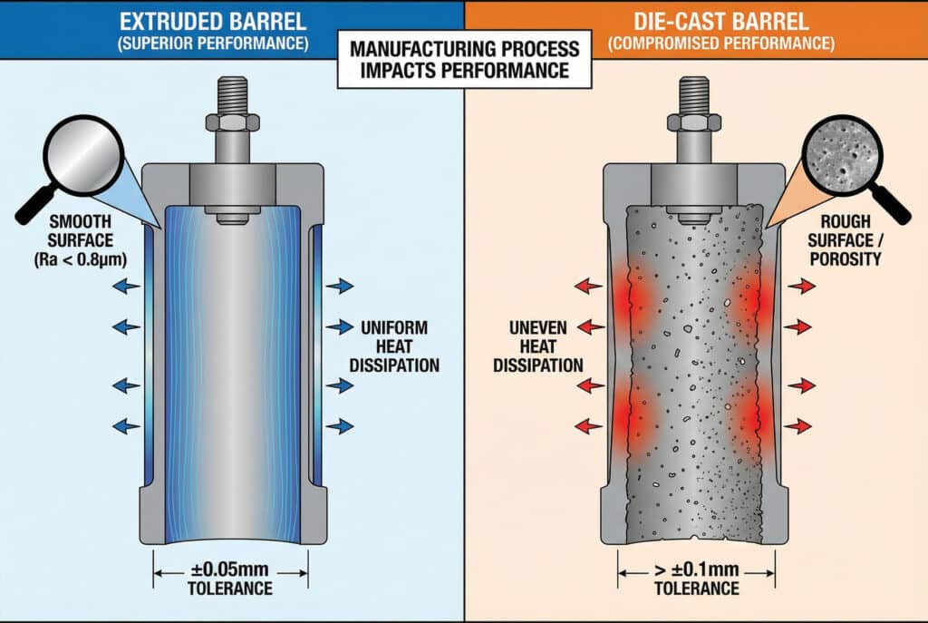 Tehnička infografika koja upoređuje cijevi pneumatskih cilindara ekstrudirane i lijevane pod pritiskom. Lijeva ploča prikazuje ekstrudiranu cijev s ujednačenom debljinom zida, glatkom završnom obradom površine (Ra < 0,8 μm) i ujednačenim rasipanjem topline. Desna ploča prikazuje lijevanu cijev s promjenjivom debljinom zida, hrapavom površinom s poroznošću i neujednačenim rasipanjem topline, ističući razlike u performansama.