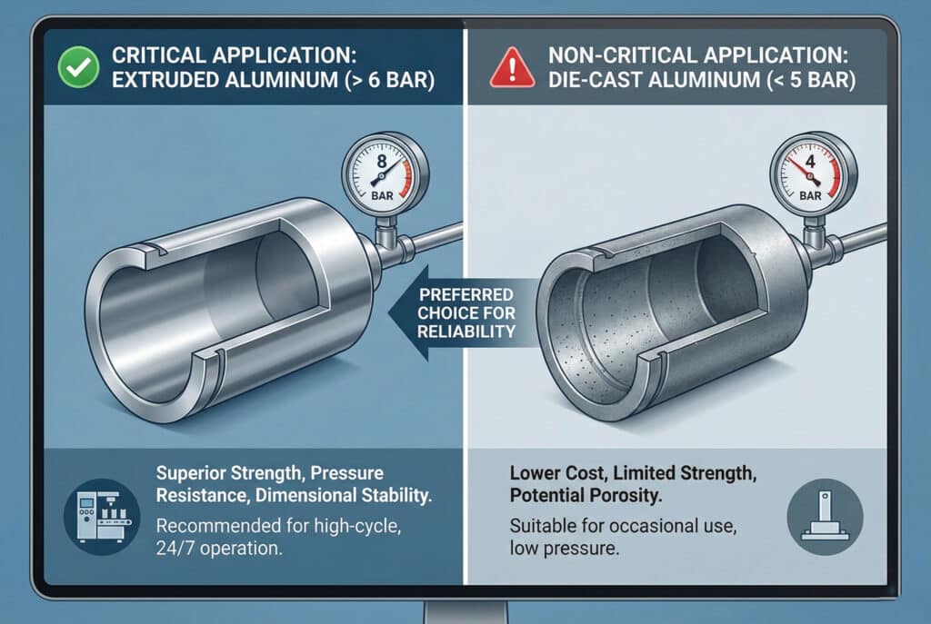 Tehnička infografika za poređenje koja ilustruje izbor materijala za pneumatske cilindre. Lijeva ploča, označena zelenim potvrdom za "Kritičnu primjenu (> 6 BAR)," prikazuje glatku cijev od ekstrudiranog aluminija vrhunske čvrstoće, preporučenu za upotrebu u visokocikličkim uslovima. Desni panel, označen crvenim upozorenjem za "Nekritičnu primjenu (< 5 BAR)," prikazuje porozno aluminijsko tijelo od lijevanog pod pritiskom s ograničenom čvrstoćom, pogodno samo za povremenu upotrebu pri niskom pritisku. Središnja strelica ukazuje da je ekstrudirani aluminij "Preferirani izbor za pouzdanost."
