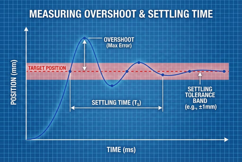 Tehnički grafikon s plavom mrežom u pozadini, naslovljen "MJERENJE PREKOŠA I VREMENA SMIRE". Prikazuje krivu položaj-vrijeme gdje se kretanje proteže iznad linije "CILJANI POLOŽAJ", označene kao "PREKOŠ (maksimalna greška)". Vrijeme potrebno da se kriva stabilizira unutar crveno obojenog "POJASA TOLERANCIJE ZA STABILIZACIJU" označeno je kao "VRIJEME STABILIZACIJE (Ts)."