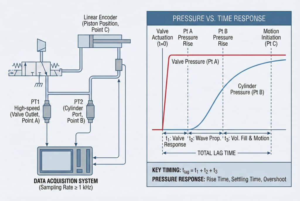 Tehnički dijagram koji ilustrira mjerenje kašnjenja pneumatskog pritiska. Lijeva ploča prikazuje postavku s visokobrzinskim transduktorima pritiska na izlazu ventila i na priključku cilindra, povezanim s sistemom za prikupljanje podataka. Desna ploča je grafikon pritiska naspram vremena koji prikazuje kašnjenje između aktivacije ventila i kretanja cilindra, razlažući ukupno kašnjenje na komponente: odziv ventila (t₁), propagaciju vala (t₂) i punjenje zapremine (t₃).