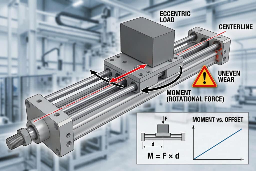 ภาพประกอบอินโฟกราฟิกที่แสดงการรับน้ำหนักแบบเยื้องศูนย์บนกระบอกสูบไร้ก้าน แสดงให้เห็นการเกิด "แรงบิด (แรงหมุน)" รอบ "เส้นศูนย์กลาง" ของตัวเลื่อนอันเนื่องมาจาก "น้ำหนักเยื้องศูนย์" ซึ่งนำไปสู่คำเตือนเรื่อง "การสึกหรอไม่สม่ำเสมอ"แผนภาพแทรกประกอบด้วยสูตรการคำนวณโมเมนต์ (M = F × d) และกราฟที่แสดงแรงโมเมนต์เพิ่มขึ้นตามระยะห่างในสภาพแวดล้อมโรงงาน.