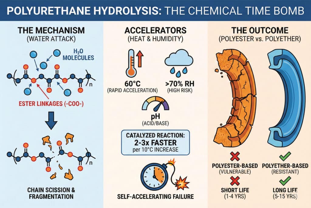 Trodijelna tehnička infografika koja detaljno prikazuje hidrolizu poliuretana. Lijevi panel objašnjava kemijski mehanizam napada vode na esterske veze i razgradnju polimernih lanaca. Srednji panel ilustrira okolišne akceleratore poput topline (>60 °C), vlažnosti (>70 % RH) i pH. Desni panel kontrastira ishod osjetljivih brtvila na bazi poliester-a (kratak vijek, raspadanje) s otpornim brtvama na bazi poli-etera (dug vijek, netaknute). Ikona sata na dnu naglašava samopojavljujuću prirodu kvara.