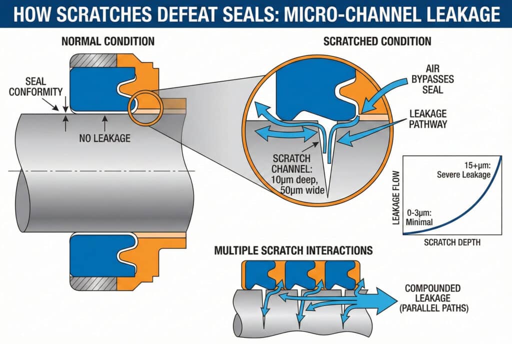 Tehnički dijagram pod nazivom "KAKO OGREBOTINE PORAŽAVAJU ZATVARAČE: MICRO-KANALNO CURENJE". Gornji lijevi dio, "NORMALNO STANJE", prikazuje zatvarač koji savršeno prianja uz glatku površinu unutrašnjosti s "NEMA CURENJA". Povećani prikaz na desnoj strani, "STANJE SA OGREBOTINOM", ilustrira "ZRAK ZAOBILAZI ZATVOR" kroz "PUT PROTOKA" stvoren "KANALOM OGREBOTINE" dubine 10 μm i širine 50 μm. Ispod toga, grafikon pod nazivom "DUBINA OGREBOTINE U ODNOSU NA PROTOK CURENJA" prikazuje eksponencijalno povećanje curenja kako se dubina ogrebotine povećava od 0-3μm (minimalno) do 15+μm (teško curenje). Donji odjeljak, "MEĐUSOBNO DJELOVANJE VIŠE OGREBOTINA", demonstrira kako više paralelnih ogrebotina stvara "Složeno curenje".