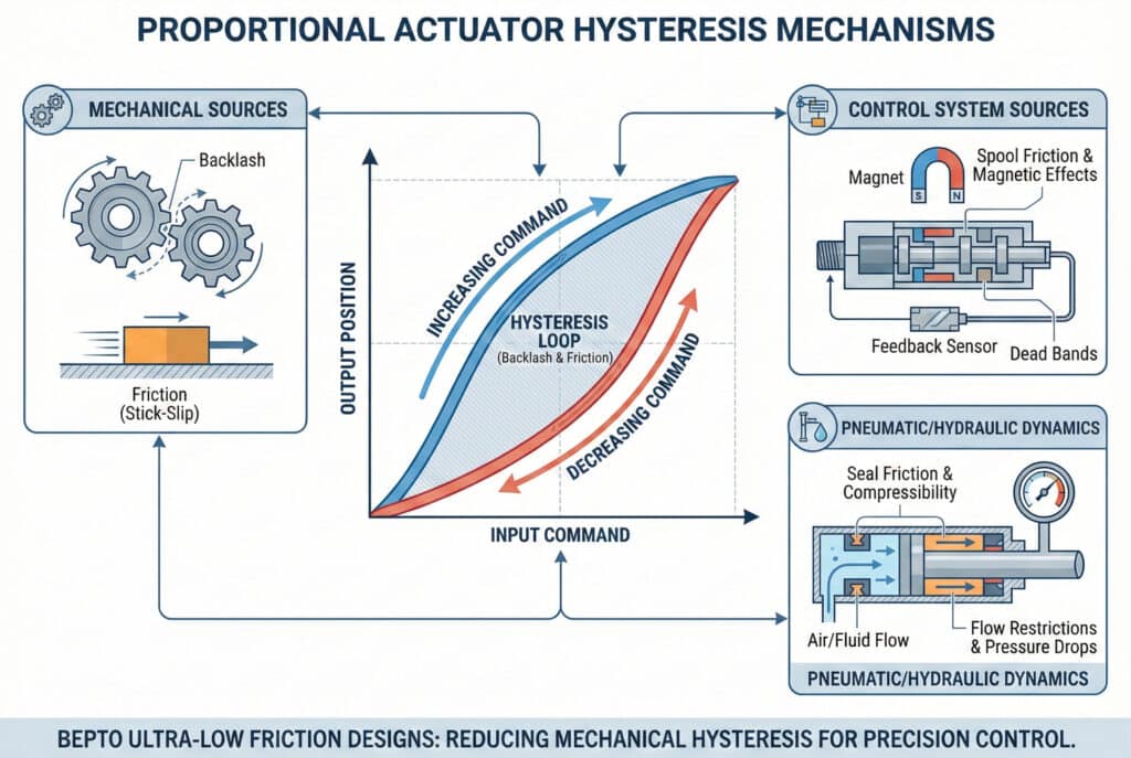 Tehnički dijagram pod nazivom "Mehanizmi histereze proporcionalnog aktuatora" ilustrira uzroke pogrešaka u pozicioniranju. Središnji graf prikazuje petlju histereze u kojoj se izlazna pozicija razlikuje pri rastućim i opadajućim ulaznim naredbama zbog "iglastog zazora i trenja". Okružni paneli detaljno prikazuju čimbenike koji doprinose, uključujući "mehaničke izvore" (zazor zupčanika, trenje prianjanja i klizanja), "izvore iz sustava upravljanja" (mrtve zone ventila, magnetski učinci) i "pneumatsku/hidrauličku dinamiku" (trenje brtvi, kompresibilnost, ograničenja protoka).