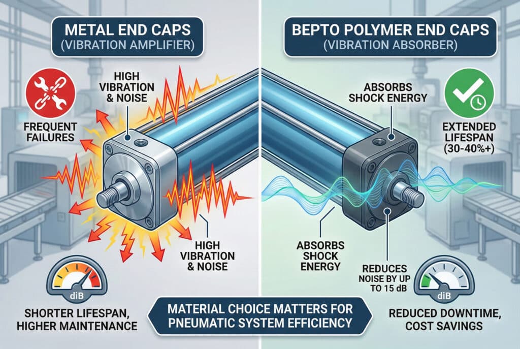 Tehnička infografika koja upoređuje metalne završne čepove i Bepto polimerne završne čepove na pneumatskim cilindarima. Lijeva strana prikazuje metalni završni čep koji pojačava vibracije i buku, što dovodi do čestih kvarova i kraćeg vijeka trajanja. Desna strana prikazuje Bepto polimerni završni čep koji apsorbuje energiju udarca i smanjuje buku za do 15 decibela, što rezultira produženim vijekom trajanja, smanjenim vremenom zastoja i uštedom troškova.