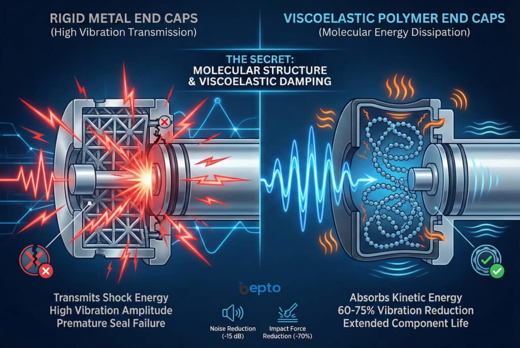 Infografika koja ilustrira razliku između krutih metalnih i viskoelastičnih polimernih završnih čepova. Lijeva strana prikazuje metalni završni čep s krutom kristalnom strukturom koja prenosi visoku energiju udarnih vibracija, što dovodi do prijevremenog otkazivanja brtve. Desna strana prikazuje polimerni završni čep s dugim molekularnim lancima koji apsorbiraju kinetičku energiju putem viskoelastičnog prigušivanja, što rezultira smanjenjem vibracija za 60–75 dB, produženim vijekom trajanja komponente te smanjenom razinom buke i udarnom silom.