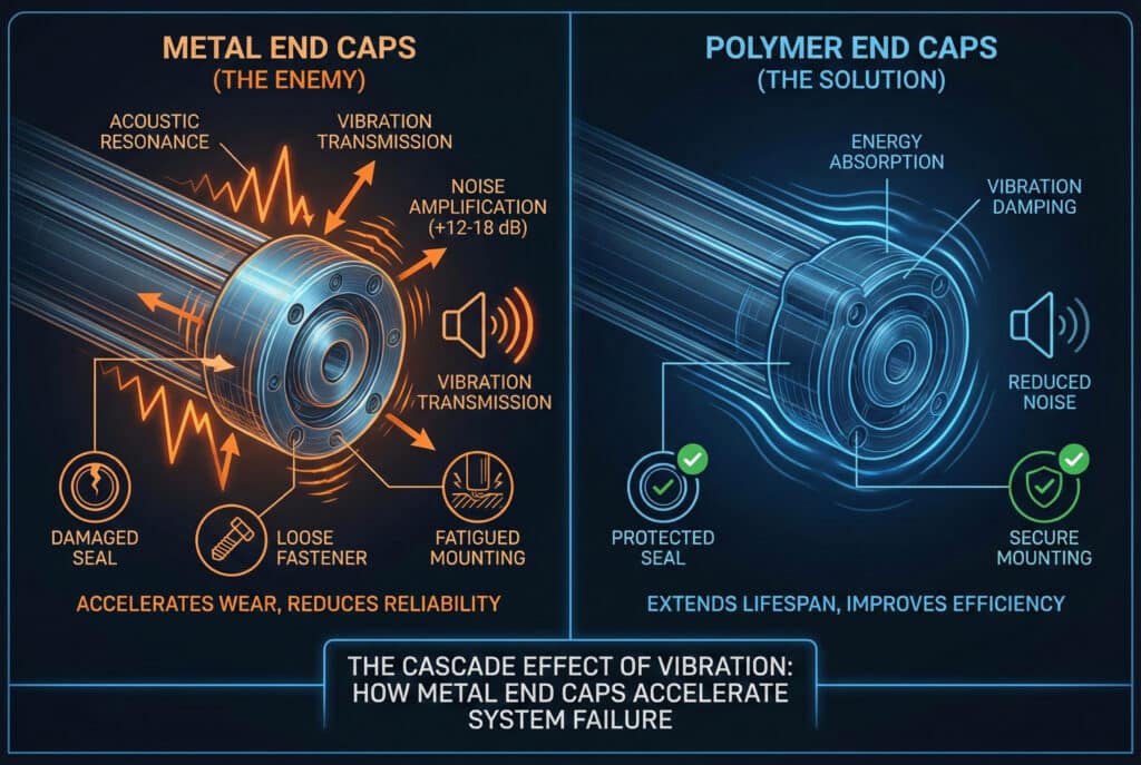 Tehnička infografika koja uspoređuje učinke metalnih i polimernih završnih čepova na pneumatske cilindar. Lijeva ploča, "Metalni završni čepovi (Neprijatelj)," prikazuje kako metalni čep pojačava vibracije i buku (12-18 dB), što dovodi do oštećenih brtvila, labavih pričvrsnih elemenata i umornog nosača. Desni panel, "Polimerne završne kapice (rješenje)," ilustrira kako polimer apsorbira energiju i prigušuje vibracije, što rezultira smanjenjem buke, zaštićenim brtvama i sigurnim nosačima, čime se produžava vijek trajanja.