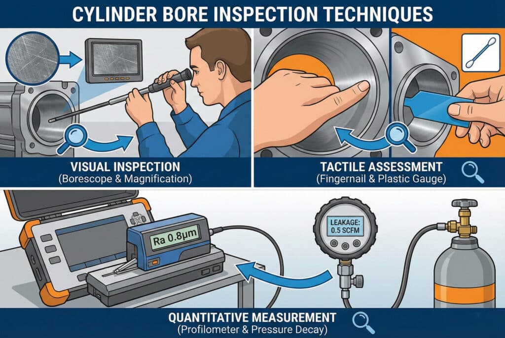 Tehnička ilustracija pod nazivom "TEHNIKE INSPEKCIJE CILINDARSKE RUPE", podijeljena u tri panela. Gornji lijevi panel, "VIZUELNI PREGLED", prikazuje tehničara koji koristi endoskop i lupu za pregled rupe. Gornji desni panel, "TAKTILNA PROCJENA", ilustrira test noktom i test plastičnim mjernim instrumentom na površini otvora. Donji panel, "KVANTITATIVNO MJERENJE", prikazuje profilometar površine koji prikazuje "Ra 0,8 μm" i manometar koji tokom testa opadanja tlaka prikazuje "PROCJEK: 0,5 SCFM".