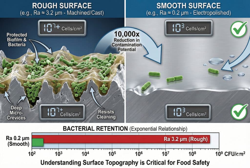 Poređiva infografika koja ilustruje utjecaj površinske topografije na zadržavanje bakterija. S lijeva, uvećani poprečni presjek "Grube površine (Ra ≈ 3,2 µm)" prikazuje duboke mikro-pukotine ispunjene zelenim bakterijskim biofilmom otpornim na čišćenje, sa bakterijskim opterećenjem od 10⁷+ ćelija/cm². Velika strelica označava "smanjenje potencijala za kontaminaciju za 10.000 puta" i vodi prema desnoj strani, koja prikazuje "gladku površinu (Ra ≈ 0,2 µm, elektropoliranu)" sa minimalnim brojem bakterija koje se lako uklanjaju i opterećenjem od samo 10³ ćelija/cm². Ispod, logaritamski stupac pod nazivom "Zadržavanje bakterija (eksponencijalni odnos)" vizualno prikazuje ogromnu razliku u nivoima kontaminacije između hrapavih i glatkih površina.