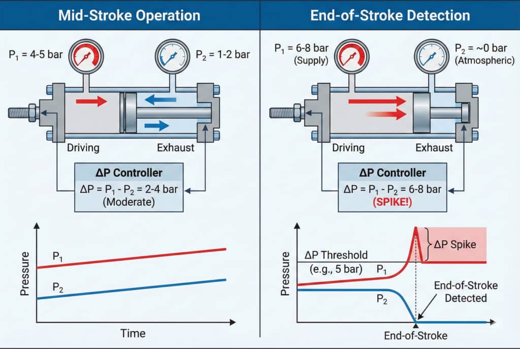 Tehnički dijagram koji ilustrira princip detekcije diferencijalnog pritiska u pneumatskom cilindru za detekciju kraja hoda. Lijeva strana, "Rad u sredini hoda", prikazuje umjereni pritisak u pogonskoj komori (P₁ = 4-5 bar) i odvodnoj komori (P₂ = 1-2 bar), što rezultira umjerenim diferencijalnim pritiskom (ΔP = 2-4 bar). Grafikon pritiska naspram vremena ispod prikazuje P₁ i P₂ s umjerenom razlikom. Desna strana, "Detekcija kraja hoda", prikazuje klip zaustavljen, što uzrokuje porast P₁ na vrijednost pritiska napajanja (6-8 bar) i pad P₂ na atmosferski (~0 bar), stvarajući "SKOK!" u diferencijalnom pritisku (ΔP = 6-8 bar). Grafikon ispod prikazuje oštar porast P₁ i pad P₂ na kraju hoda, što uzrokuje da ΔP premaši prag i aktivira signal "Detekcija kraja hoda".