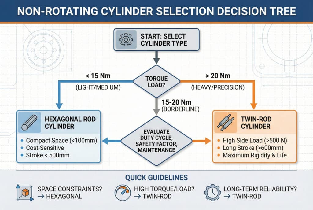 Tehnička dijagramski shema koja prikazuje proces donošenja odluke pri odabiru između šesterokutnih šipki i cilindara s dvostrukim šipkama na osnovu zahtjeva za moment opterećenja. Preporučuje se upotreba šesterokutnih šipki za opterećenja ispod 15 Nm i u kompaktnim prostorima, te cilindara s dvostrukim šipkama za opterećenja iznad 20 Nm, visoka bočna opterećenja i maksimalnu krutost, uz kriterije za procjenu graničnih slučajeva.