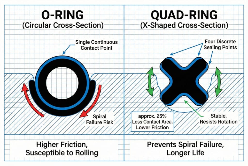 แผนภาพทางเทคนิคที่เปรียบเทียบรูปทรงตัดขวางและลักษณะการทำงานของโอริงมาตรฐาน (วงกลม, จุดสัมผัสเดียว, ความเสี่ยงต่อการล้มเหลวแบบเกลียวสูง) กับควอดริง (รูปตัว X, จุดซีลแยกกันสี่จุด, ทนต่อการหมุนและการล้มเหลวแบบเกลียว) สำหรับการใช้งานซีลแบบไดนามิก.