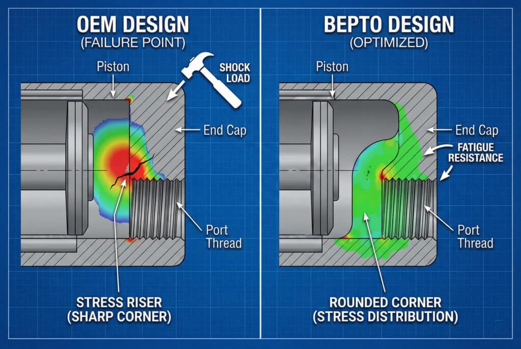 อินโฟกราฟิกทางเทคนิคที่เปรียบเทียบฝาปิดปลายกระบอกสูบ OEM ที่ล้มเหลวซึ่งมีมุมแหลมที่เพิ่มแรงเครียดและรอยร้าว กับดีไซน์ Bepto ที่ได้รับการปรับให้เหมาะสมซึ่งมีมุมโค้งมนเพื่อการกระจายแรงเครียดที่ดีขึ้น.