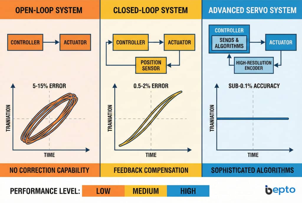 Tehnička infografika koja uspoređuje performanse histereze u tri kontrolne arhitekture. Lijevi panel prikazuje "sustav otvorene petlje" s velikim pogreškama u pozicioniranju od 5-15% i bez mogućnosti korekcije. Središnji panel detaljno prikazuje "Sustav zatvorene petlje" koji koristi povratnu kompenzaciju za smanjenje pogrešaka na 0,5-2%. Desni panel ilustrira "Napredni servo sustav" koji postiže točnost ispod 0,1% pomoću sofisticiranih algoritama i enkodera visoke razlučivosti. Legenda ispod označena bojama rangira performanse od niskih (narančasta) do visokih (plava).