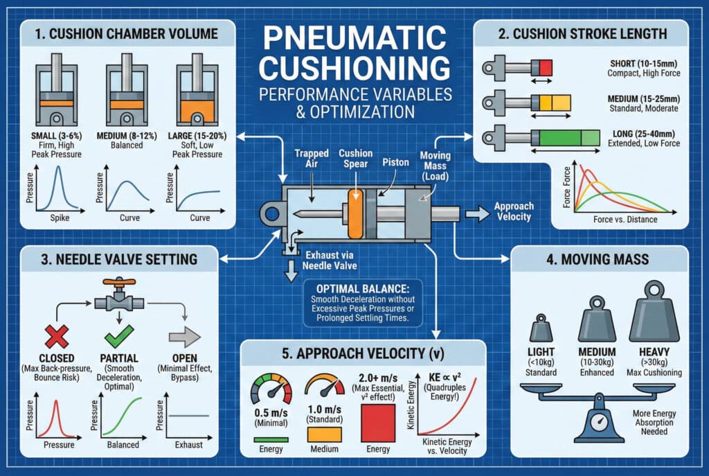 אינפוגרפיקה טכנית מפורטת על רקע תוכנית הממחישה "משתני ביצועים ואופטימיזציה של ריפוד פנאומטי". התרשים המרכזי מציג צילינדר המשיג איזון אופטימלי. חמישה לוחות מסביב מסבירים גורמים מרכזיים באמצעות תרשימים וגרפים: 1. נפח תא הריפוד (קטן לעומת גדול), 2. אורך מהלך הריפוד (קצר לעומת ארוך), 3. הגדרת שסתום המחט (סגור לעומת פתוח), 4. מסה נעה (קלה לעומת כבדה), ו-5. מהירות התקרבות (הדגשת אפקט האנרגיה הקינטית האקספוננציאלית $v^2$).