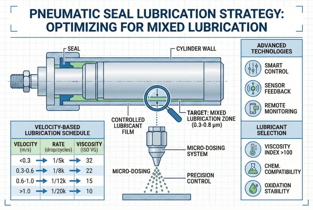 Detaljan infografik pod nazivom "STRATEGIJA PODMAZIVANJA PNEUMATSKIH ZATVORENIKA: OPTIMIZACIJA ZA MJEŠOVITO PODMAZIVANJE". Centralna ilustracija prikazuje presjek pneumatskog cilindra sa sistemom za mikrodoziranje koji nanosi precizan film maziva kako bi se postigla ciljana zona mješovitog podmazivanja od 0,3-0,8 μm. Uključuje tabelu "Raspored podmazivanja zasnovan na brzini" koja preporučuje specifične stope kapanja i ISO VG viskoznosti na osnovu radnih brzina, uz panele koji detaljno prikazuju "Napredne tehnologije" (npr. Pametna kontrola) i kriterije za "Izbor maziva" (npr. Indeks viskoznosti >100).