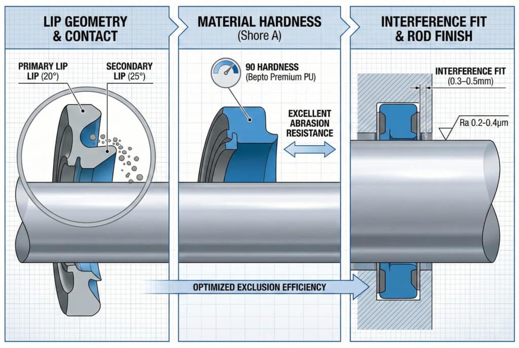 Trodijelni tehnički dijagram koji ilustrira ključne faktore za optimiziranu efikasnost isključivanja brtvenog prstena. Prvi panel detaljno prikazuje geometriju dvostrukog prstena s primarnim (20°) i sekundarnim (25°) uglovima za struganje nečistoća s klipa. Drugi panel ističe tvrdoću materijala koristeći Bepto Premium PU tvrdoće 90 Shore A za otpornost na habanje. Treći panel navodi potrebnu interferencijsku toleranciju (0,3–0,5 mm) i završnu obradu površine klipa (Ra 0,2–0,4 μm).