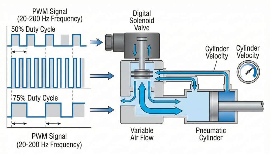 Tehnički dijagram koji ilustrira principe PWM-a (modulacije širine impulsa) u pneumatskoj automatizaciji. S lijeva, dva grafikona PWM signala prikazuju radni ciklus 50% i 75% pri 20–200 Hz. Strelicama su signali povezani s digitalnim solenoidnim ventilom, koji je presječen kako bi se prikazao promjenjivi protok zraka u pneumatski cilindar. Manometar na cilindru pokazuje da se brzina kretanja cilindra povećava s većim radnim ciklusom, omogućavajući preciznu modulaciju protoka bez analognih komponenti.
