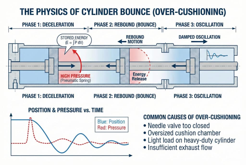 อินโฟกราฟิกเชิงเทคนิคที่มีชื่อว่า "ฟิสิกส์ของการเด้งของกระบอก (การรองรับที่มากเกินไป)" ส่วนบนแสดงภาพตัดขวางของกระบอกสูบนิวเมติกในสามเฟส: "เฟส 1: การลดความเร็ว" ที่มีแรงดันสูง "สปริงนิวเมติก" เก็บพลังงาน; "เฟส 2: การดีดกลับ (BOUNCE)" ที่ซึ่งลูกสูบเคลื่อนที่ถอยหลัง; และ "เฟส 3: การแกว่ง" แสดงการแกว่งที่มีการหน่วง. ด้านล่างนี้ เป็นกราฟที่มีชื่อว่า "ตำแหน่งและแรงดันเทียบกับเวลา" แสดงเส้นโค้งตำแหน่งของลูกสูบสีน้ำเงินและเส้นโค้งแรงดันของเบาะรองรับสีแดง และมีรายการรายละเอียด "สาเหตุทั่วไปของการรองรับแรงดันเกิน" เช่น วาล์วเข็มปิดและน้ำหนักบรรทุกเบา.