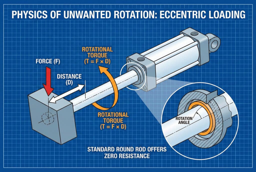 Tehnički dijagram koji ilustrira kako ekscentrično opterećenje na cilindričnoj šipki standardnog pneumatskog cilindra stvara rotacijski moment. Prikazuje silu primijenjenu izvan centra na klipnjači, sa strelicama koje ukazuju na rezultantni rotacijski moment i detaljni prikaz zazora u ležaju koji omogućava slobodno rotiranje šipke.