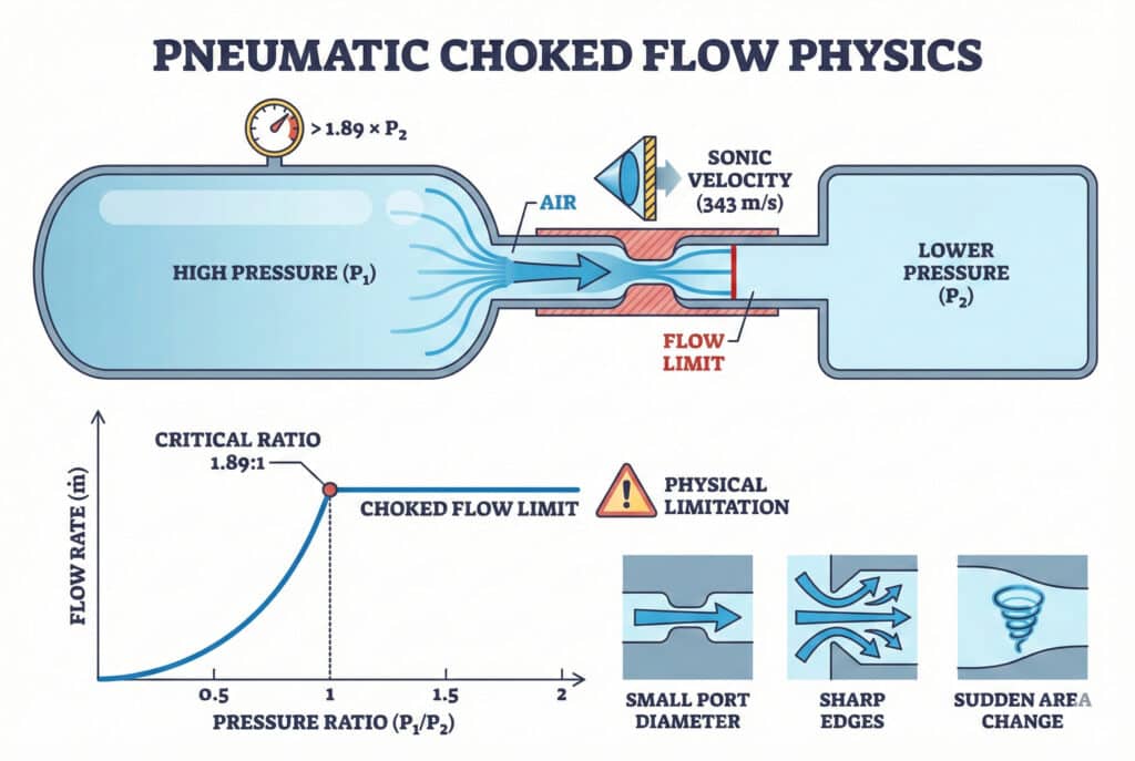 Infografika pod nazivom "Pneumatska fizika začepljenog protoka" ilustrira fenomen u kojem brzina protoka zraka dostiže zvučnu brzinu (343 m/s) i biva ograničena kada omjer pritisaka (P₁/P₂) premaši kritični omjer od 1,89:1, što je prikazano na dijagramu i grafikonu protoka naspram omjera pritisaka. Također prikazuje faktore koji doprinose, poput malih promjera otvora, oštrih rubova i iznenadnih promjena presjeka.