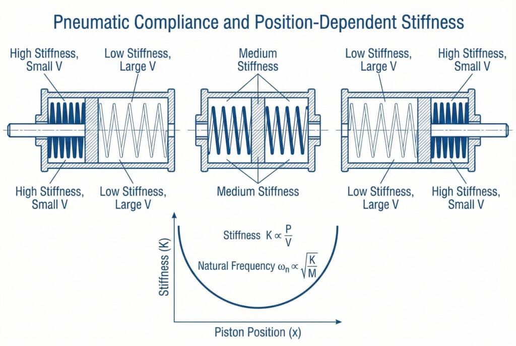 แผนภาพทางเทคนิคที่มีชื่อว่า "การปรับตัวและความแข็งที่ขึ้นอยู่กับตำแหน่งในระบบนิวเมติก" แสดงให้เห็นว่าความยืดหยุ่นของอากาศทำหน้าที่เป็นสปริงที่เปลี่ยนแปลงได้ในกระบอกสูบนิวเมติก สามหน้าตัดของกระบอกสูบแสดงให้เห็นลูกสูบในตำแหน่งต่างๆ: ระยะขยายเต็มที่, กลางจังหวะ, และหดกลับ ในแต่ละห้อง สปริงขดแสดงถึงอากาศ โดยขดที่หนาและแน่นกว่าจะมีป้ายกำกับว่า "ความแข็งสูง, V เล็ก" ที่ปลายจังหวะ และขดที่บางและหลวมกว่าจะมีป้ายกำกับว่า "ความแข็งต่ำ, V ใหญ่" หรือ "ความแข็งปานกลาง" ที่กลางจังหวะ กราฟด้านล่างแสดง "ความแข็ง (K)" เทียบกับ "ตำแหน่งลูกสูบ (x)" โดยแสดงเส้นโค้งรูปตัว U ซึ่งความแข็งจะสูงสุดที่ปลายทั้งสองและต่ำสุดตรงกลาง สูตรสำหรับความแข็ง (K ∝ P/V) และความถี่ธรรมชาติ (ωn ∝ √K/M) ได้รวมไว้ด้วย.
