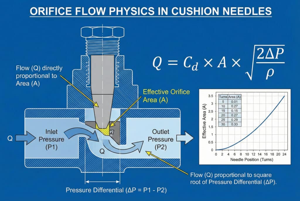 Tehnički dijagram poprečnog presjeka koji ilustrira fiziku protoka kroz otvor u pneumatskoj iglenoj ventilu s jastukom. Prikazuje protok zraka (Q) kroz efektivnu površinu otvora (A) definisanu suženom iglom, pokretan diferencijalnim pritiskom (ΔP) između ulaza (P1) i izlaza (P2). Dijagram prikazuje jednadžbu protoka $Q = C_d \times A \times \sqrt{2\Delta P / \rho}$, napomene koje objašnjavaju da je protok direktno proporcionalan površini i kvadratnom korijenu razlike pritisaka, te umetnuti grafikon koji prikazuje nelinearnu vezu između broja okretaja igle i efektivne površine.