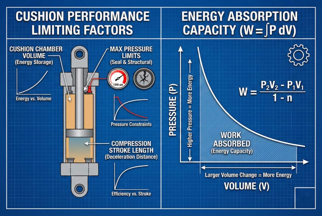 Infografía técnica titulada "Factores que limitan el rendimiento del amortiguador" y "Capacidad de absorción de energía (W = ∫P dV)". El panel izquierdo muestra un cilindro hidráulico con leyendas que indican "Volumen de la cámara del amortiguador", "Límites máximos de presión" con un manómetro y un sello agrietado, y "Longitud de la carrera de compresión", cada una con un pequeño gráfico correspondiente. El panel derecho muestra un diagrama de presión-volumen (P-V) con una curva que ilustra el trabajo de compresión, etiquetado como "Trabajo absorbido", y la fórmula W = (P₂V₂ - P₁V₁) / (1 - n).