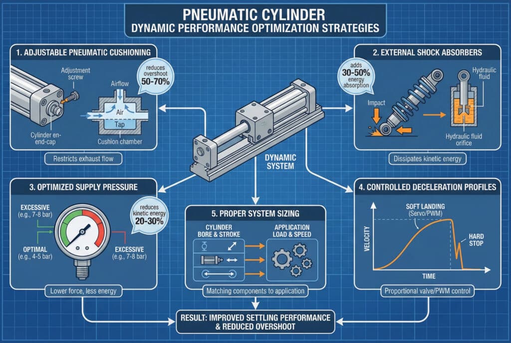 Tehnička infografika pod nazivom "STRATEGIJE ZA OPTIMIZACIJU DINAMIČKIH PERFORMANSI PNEUMATSKOG CILINDRA". Centralni dijagram sistema cilindara bez klipa grana se na pet panela: 1. Podesivo pneumatsko prigušivanje (smanjuje prekomjerni hod 50-70%), 2. Vanjski amortizeri (dodaje 30-50% apsorpciju energije), 3. Optimizirani radni pritisak (smanjuje kinetičku energiju 20-30%), 4. Kontrolisani profili usporavanja (nježno slijetanje putem proporcionalnog ventila/PWM kontrole) i 5. Pravilno dimenzionisanje sistema (usklađivanje komponenti s primjenom). Sve to vodi do konačne kutije: "REZULTAT: POBOLJŠANE PERFORMANSE SLETAŊJA I SMANJEN PREKOŠLJAK".