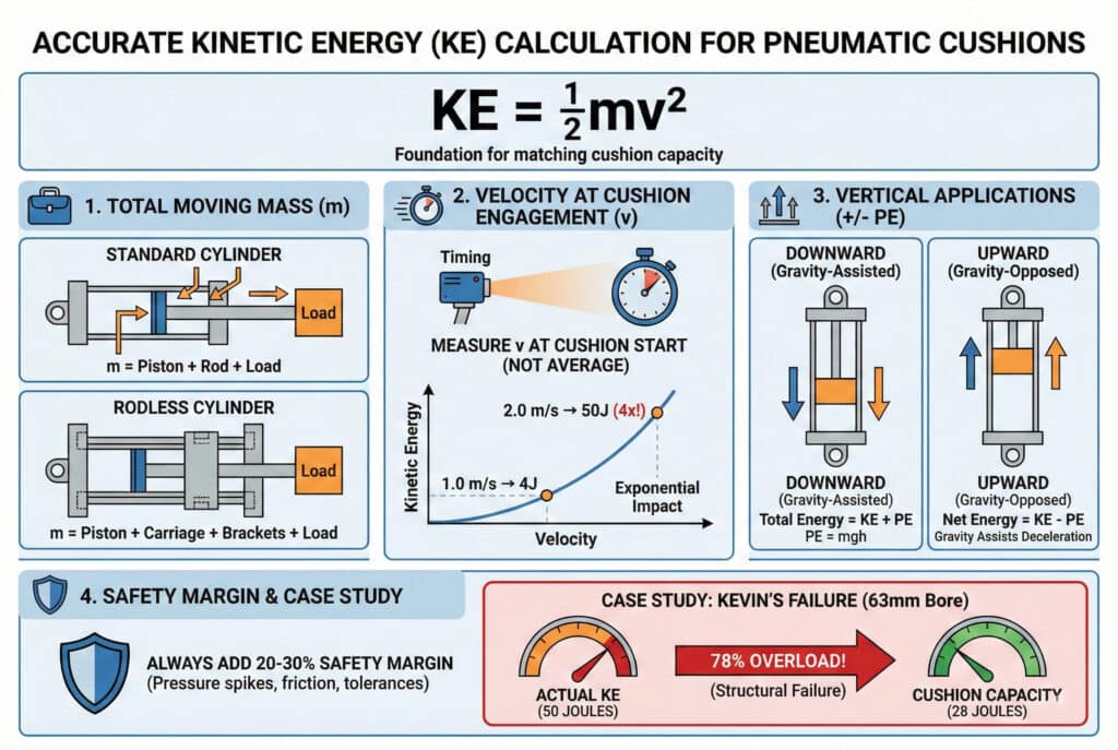 Detaljna infografika koja objašnjava precizno izračunavanje kinetičke energije (KE = ½mv²) za pneumatske jastučiće. Proces je podijeljen u četiri dijela: 1. Izračunavanje ukupne pokretne mase za standardne i cilindar bez klipa; 2. Određivanje brzine pri aktivaciji jastučića, ističući njen eksponencijalni utjecaj na energiju; 3. Prilagođavanje potencijalne energije u vertikalnim primjenama (kretanje prema dolje naspram kretanja prema gore); i 4. Dodavanje sigurnosne marže od 20-30%, ilustrirano studijom slučaja koja prikazuje 78% otkaz uslijed preopterećenja kada je stvarna KE premašila kapacitet jastučića.