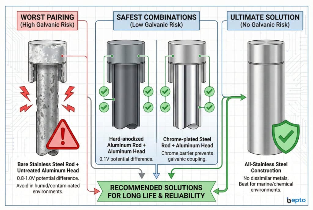 Infografika koja ilustrira rizike galvanske korozije u pneumatskim cilindarima, kontrastirajući "Najgoru kombinaciju" od golog nehrđajućeg čelika i neobrađenog aluminija s "Najsigurnijim kombinacijama" poput tvrdo anodiziranog aluminija ili kromiranog čelika, te "Vrhunsko rješenje" od potpuno nehrđajućeg čelika.