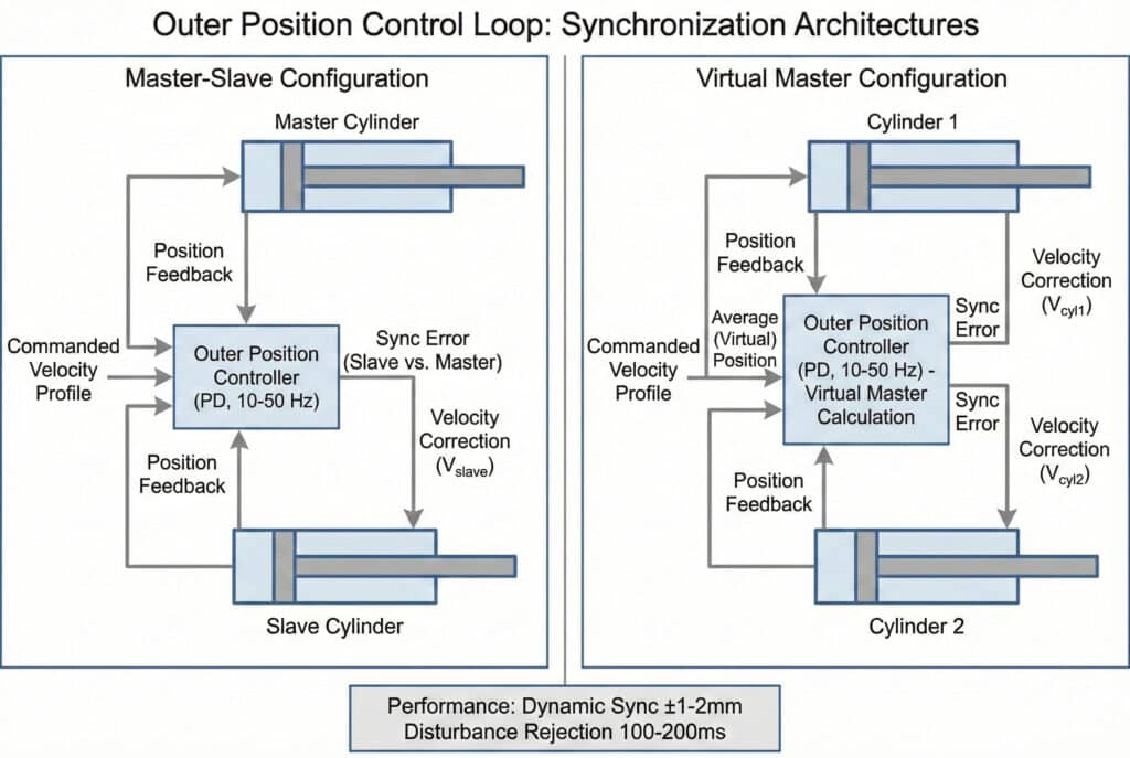 Tehnički dijagram pod nazivom "Vanjska petlja kontrole položaja: arhitekture sinkronizacije". Lijevi panel, "Konfiguracija Master-Slave", prikazuje vanjski kontroler položaja koji prima povratne informacije od glavnog (Master) i robnog (Slave) cilindra, izračunava grešku i šalje korekciju brzine robnom cilindru. Desni panel, "Konfiguracija virtualnog Mastera", prikazuje kontroler koji izračunava prosječnu virtualnu poziciju iz dva cilindra i šalje pojedinačne korekcije brzine svakom od njih. Donja kutija označava metrike performansi: "Dinamička sinkronizacija ±1-2 mm, otklanjanje smetnji 100-200 ms."
